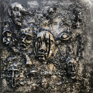 Alessandro Scannella, Le voci dentro, altorilievo su tavola e acrilico, cm 100x100, 2023